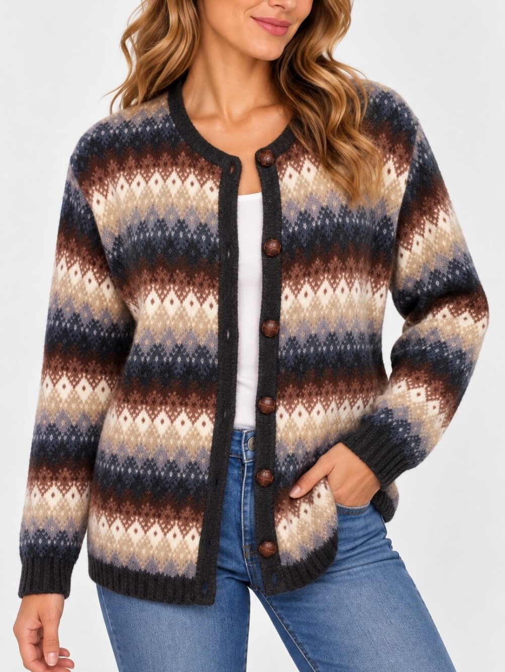 LISE J. | Women’s Vintage Earth-Tone Argyle Knit Cardigan Sweater Size S